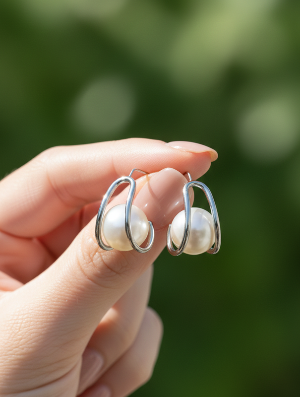 Silver Tone Wire Pearl Earrings