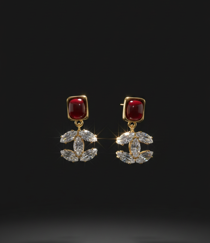Gold Tone Crystal Drop Earrings with Red Stone