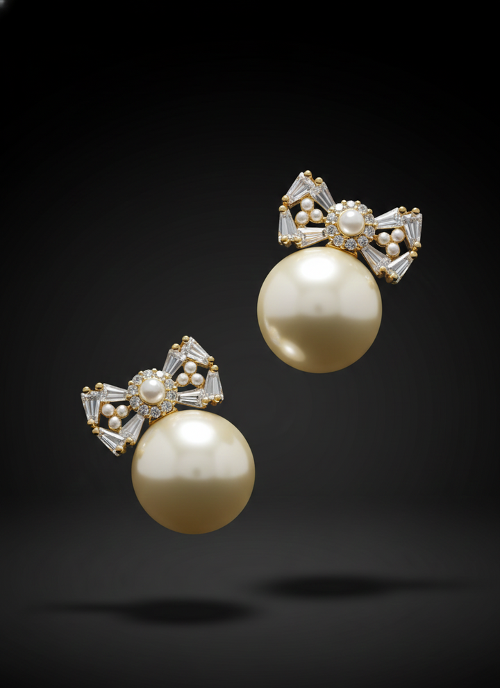 Pearl Drop Earrings with Crystal Bow Design