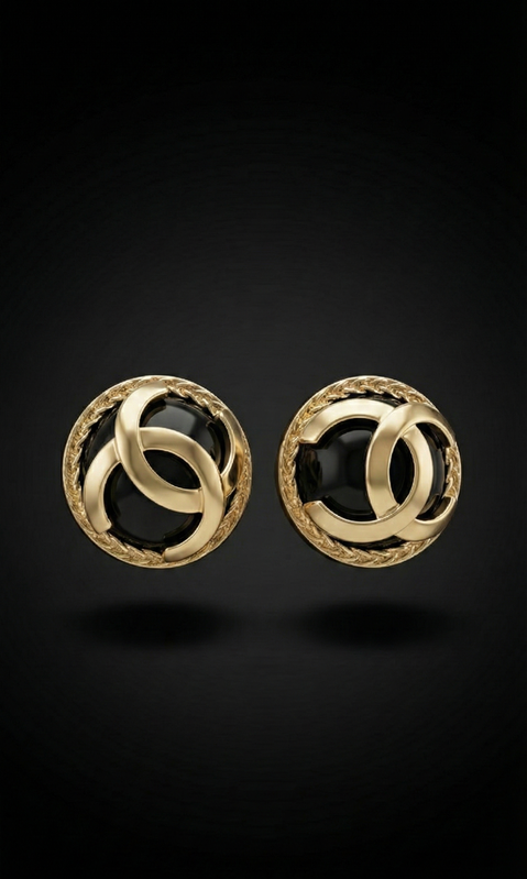 Gold Tone Black Enamel Button Stud Earrings