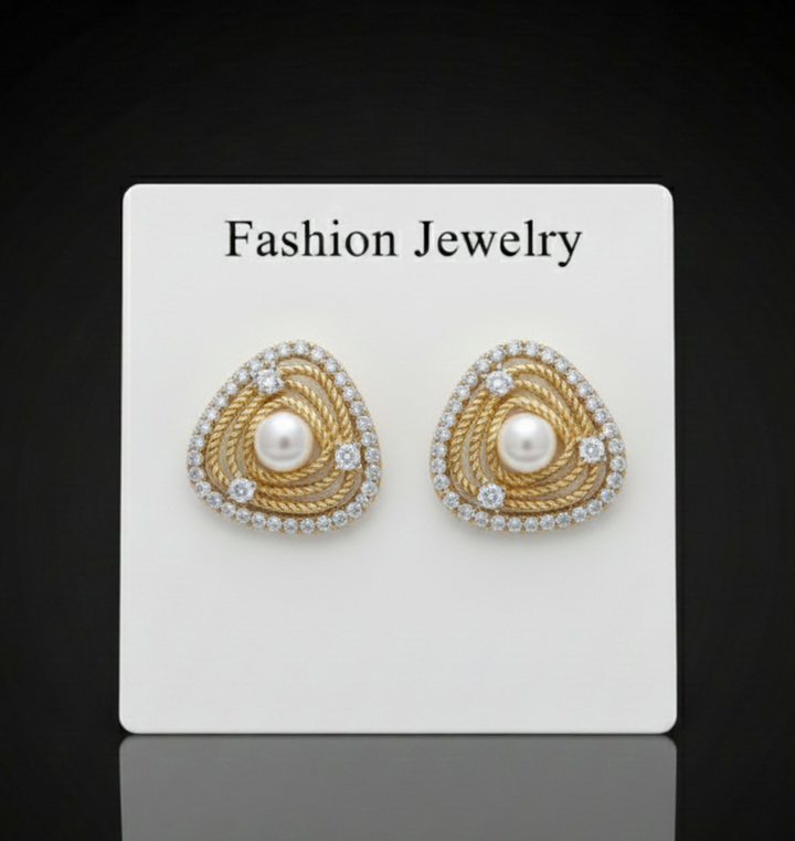 Gold Triangle Pearl Stud Earrings