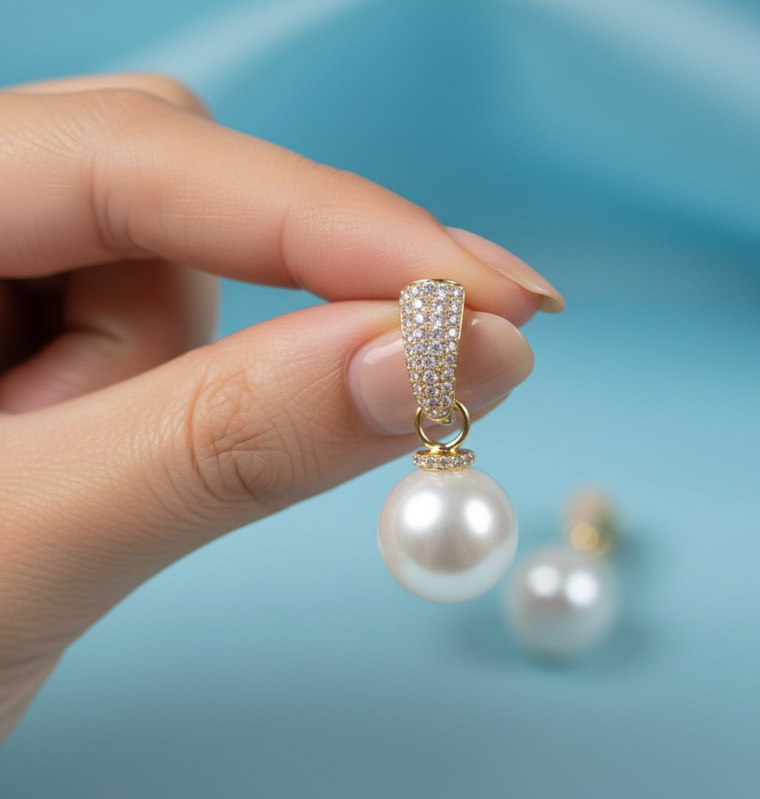 Gold Tone Pearl Drop Earrings with Crystal Detail