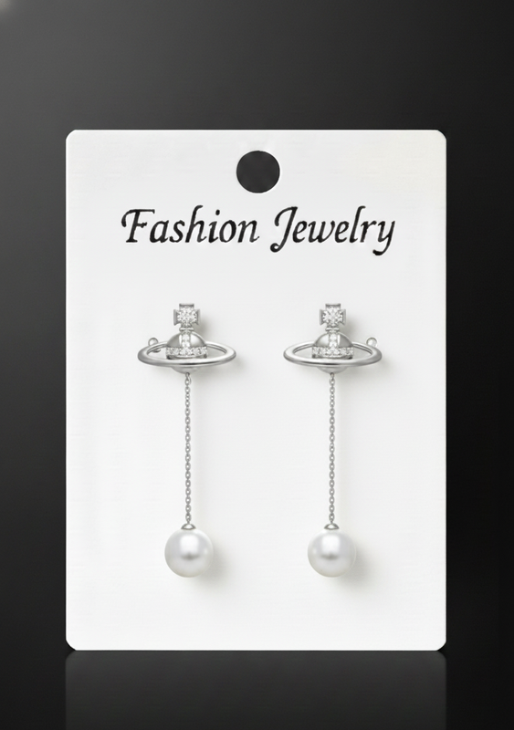 Silver Pearl Drop Chain Earrings