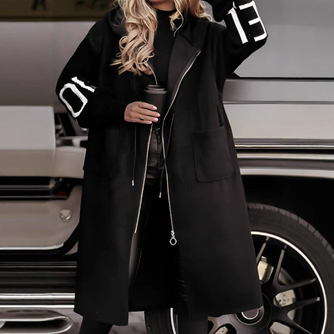 Hooded Windbreaker Long Jacket With Pockets And Drawstring