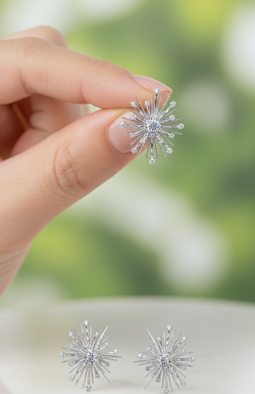 Silver Tone Crystal Starburst Earrings