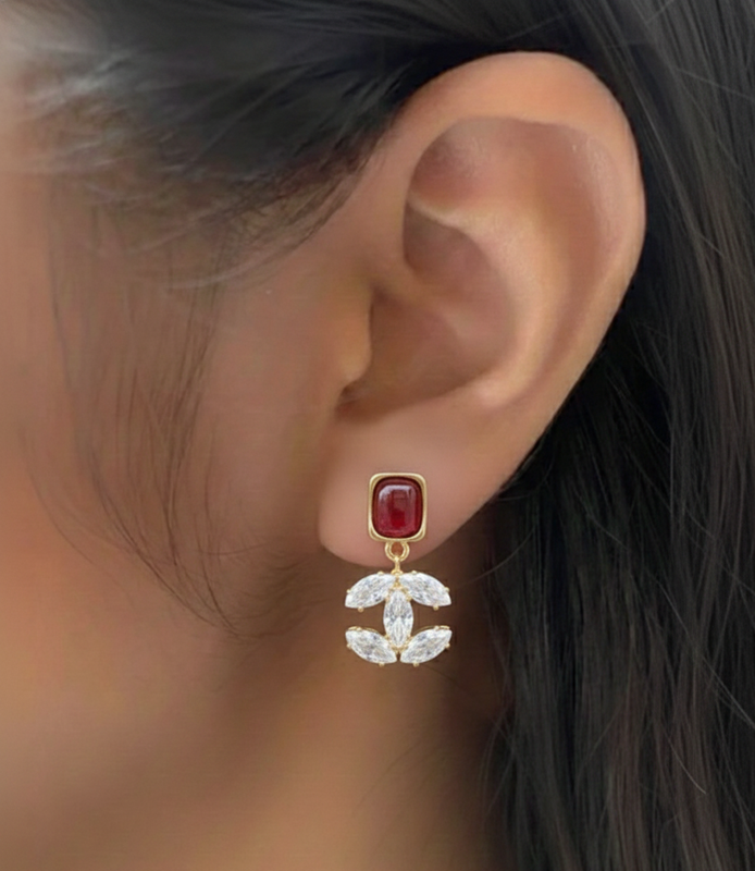 Gold Tone Crystal Drop Earrings with Red Stone