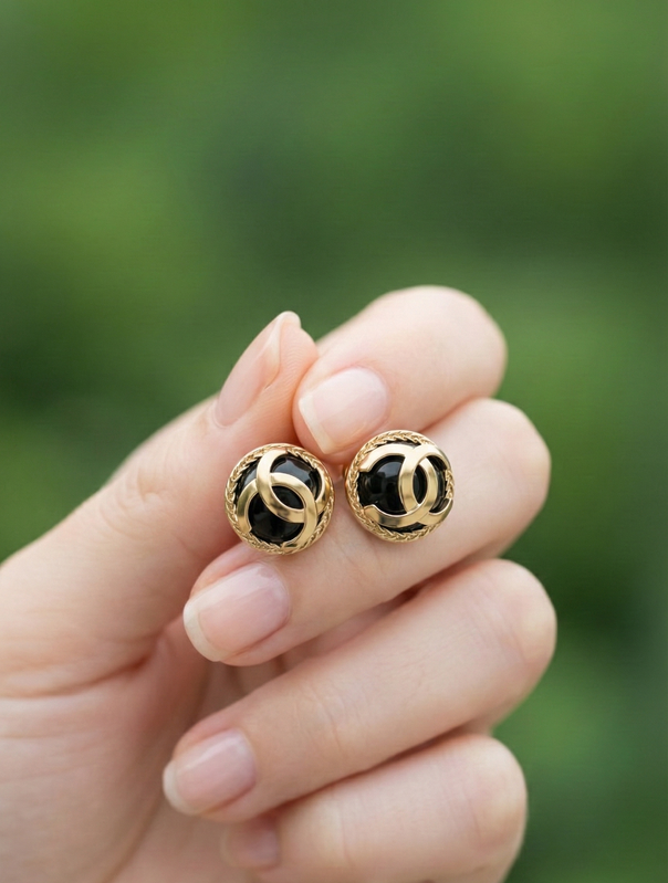 Gold Tone Black Enamel Button Stud Earrings