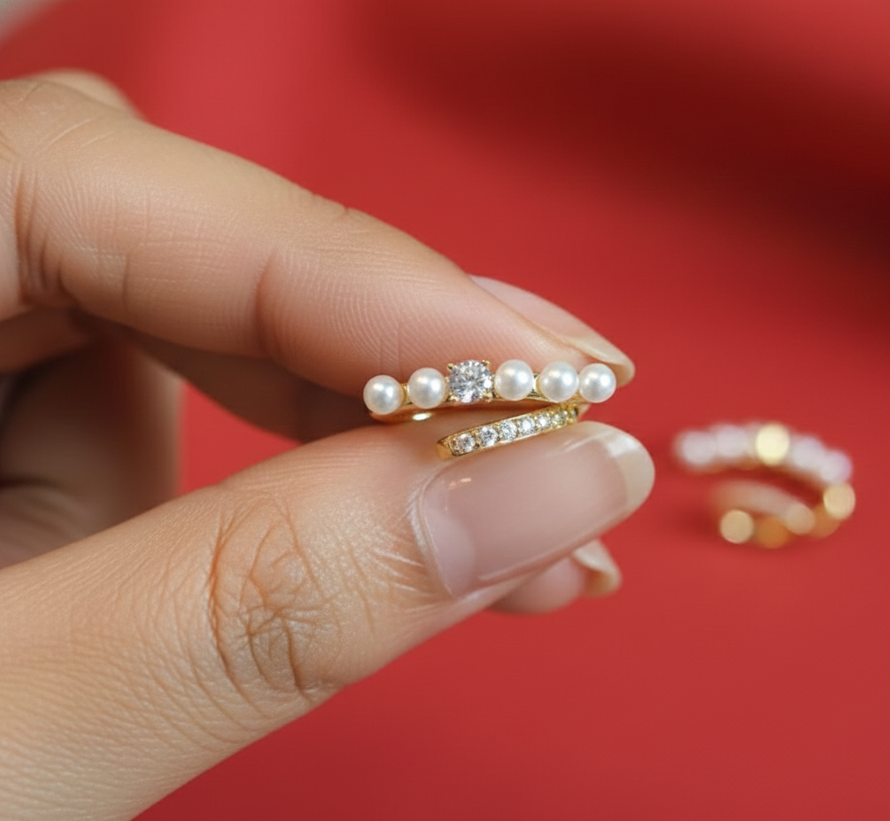 Gold Tone Pearl & Crystal Ear Cuff Earrings