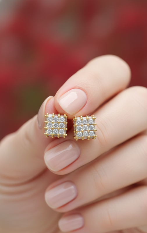 Gold Square Crystal Stud Earrings