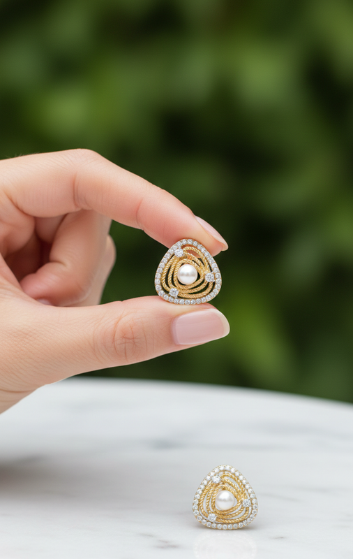 Gold Triangle Pearl Stud Earrings
