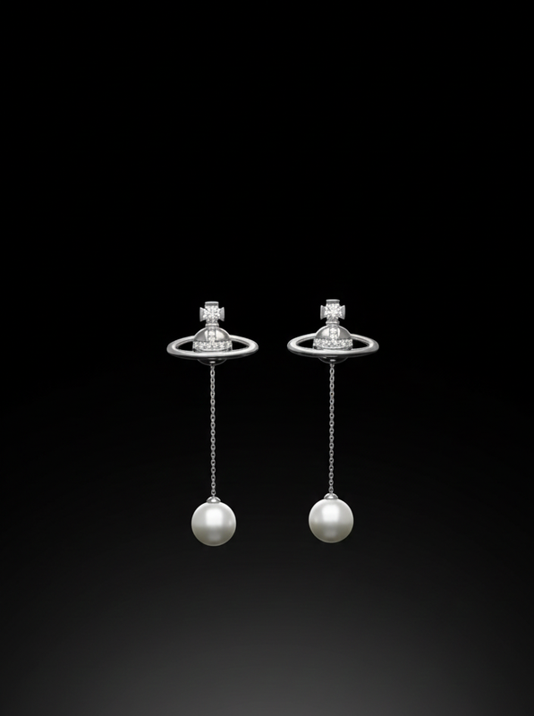 Silver Pearl Drop Chain Earrings