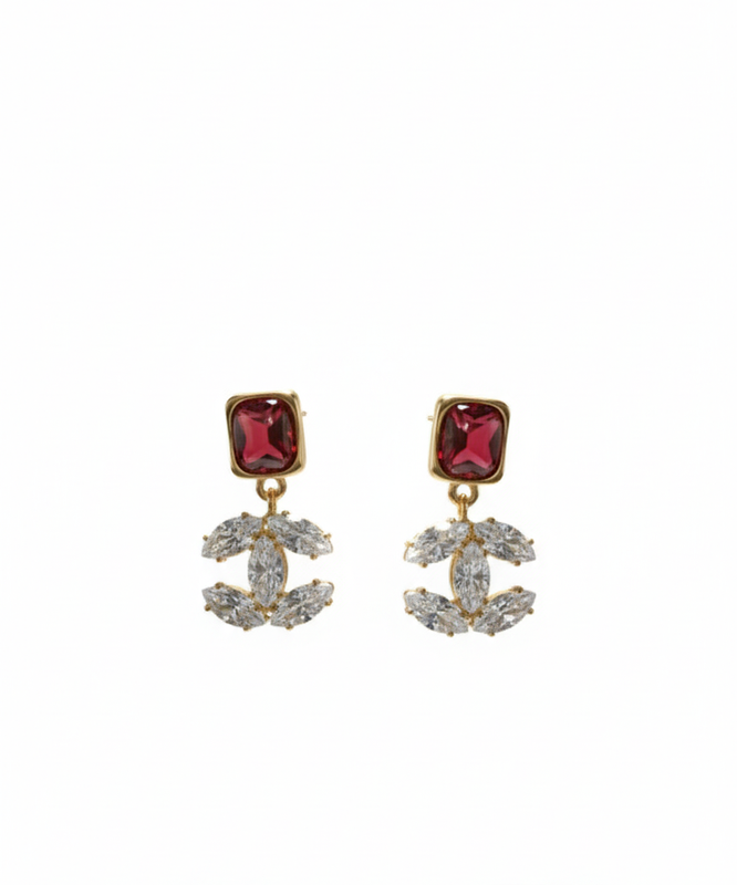Gold Tone Crystal Drop Earrings with Red Stone
