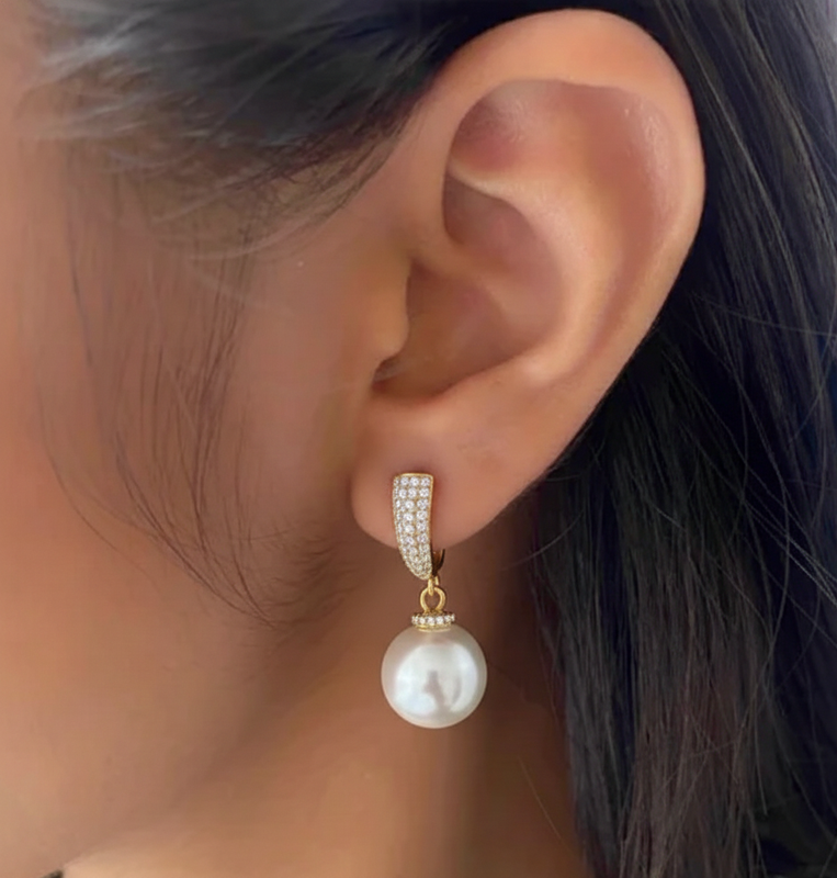 Gold Tone Pearl Drop Earrings with Crystal Detail
