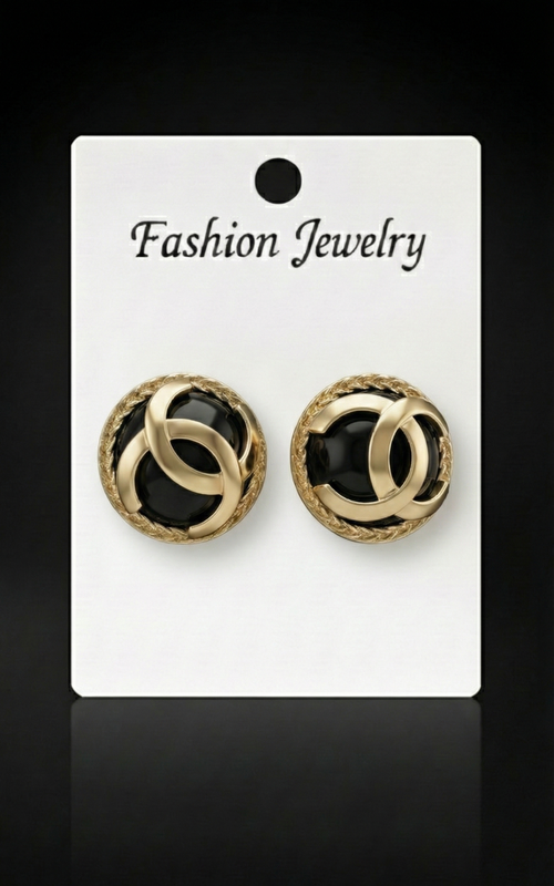Gold Tone Black Enamel Button Stud Earrings