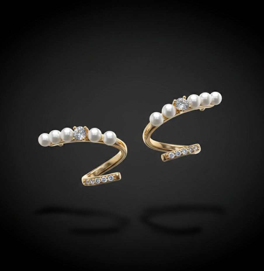 Gold Tone Pearl & Crystal Ear Cuff Earrings