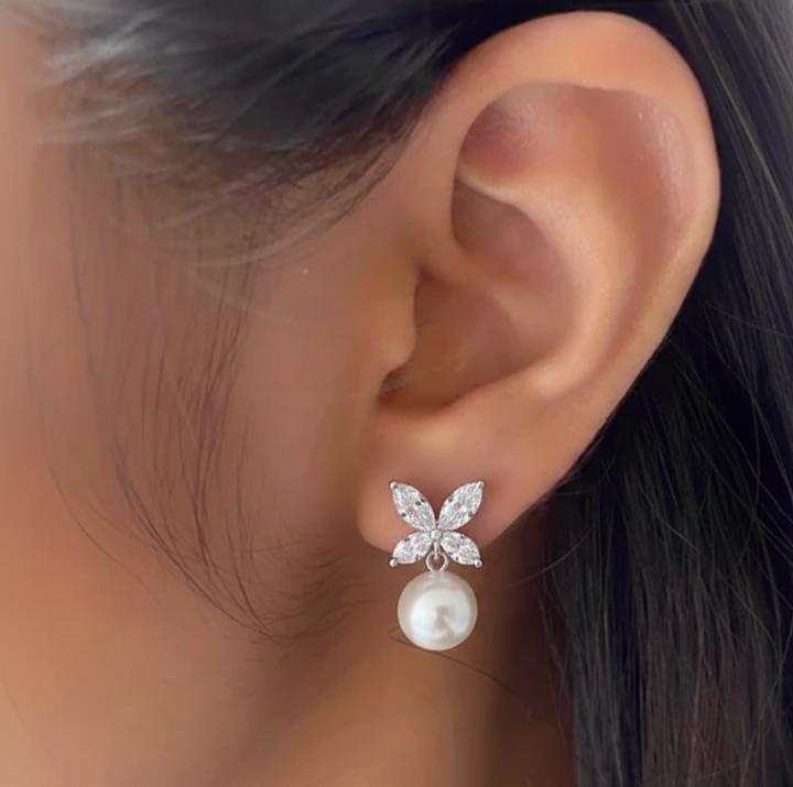 Pearl Drop Earrings with Butterfly Style Crystal