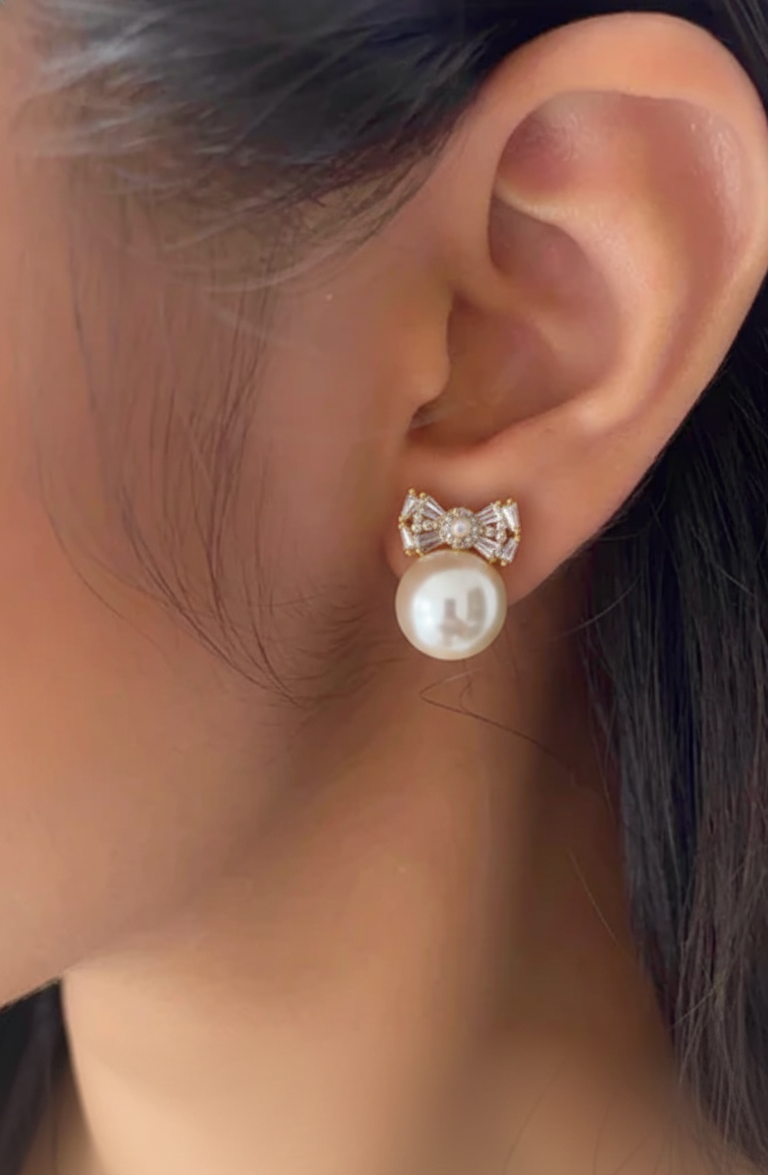 Pearl Drop Earrings with Crystal Bow Design