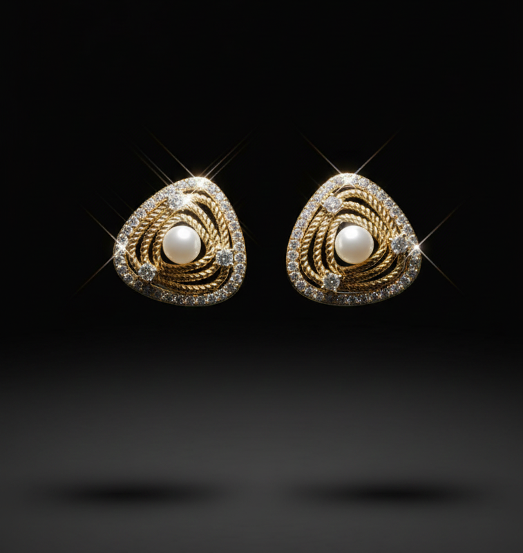 Gold Triangle Pearl Stud Earrings