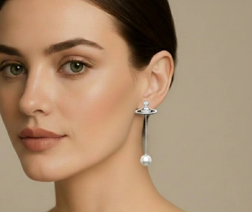 Silver Pearl Drop Chain Earrings