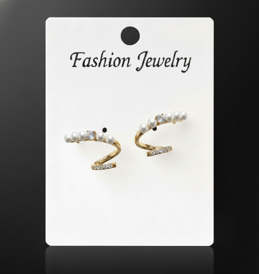 Gold Tone Pearl & Crystal Ear Cuff Earrings