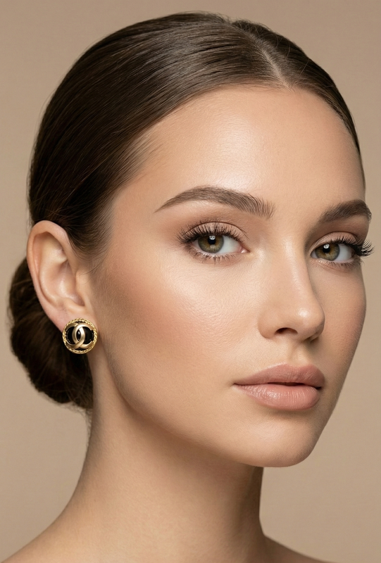 Gold Tone Black Enamel Button Stud Earrings