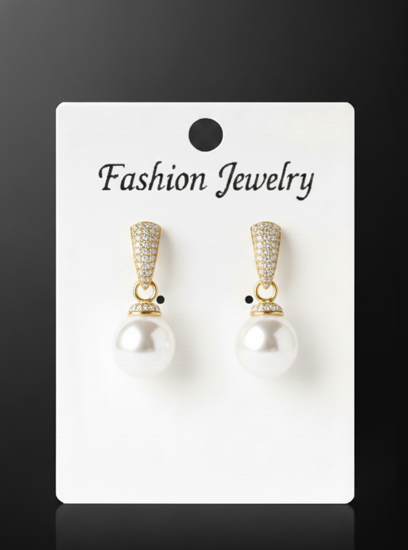 Gold Tone Pearl Drop Earrings with Crystal Detail