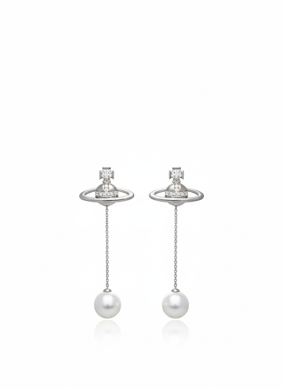 Silver Pearl Drop Chain Earrings