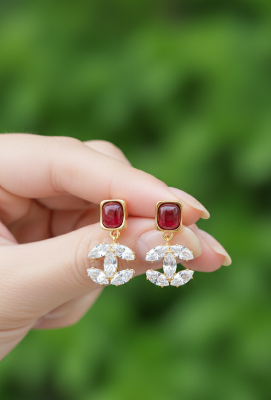 Gold Tone Crystal Drop Earrings with Red Stone