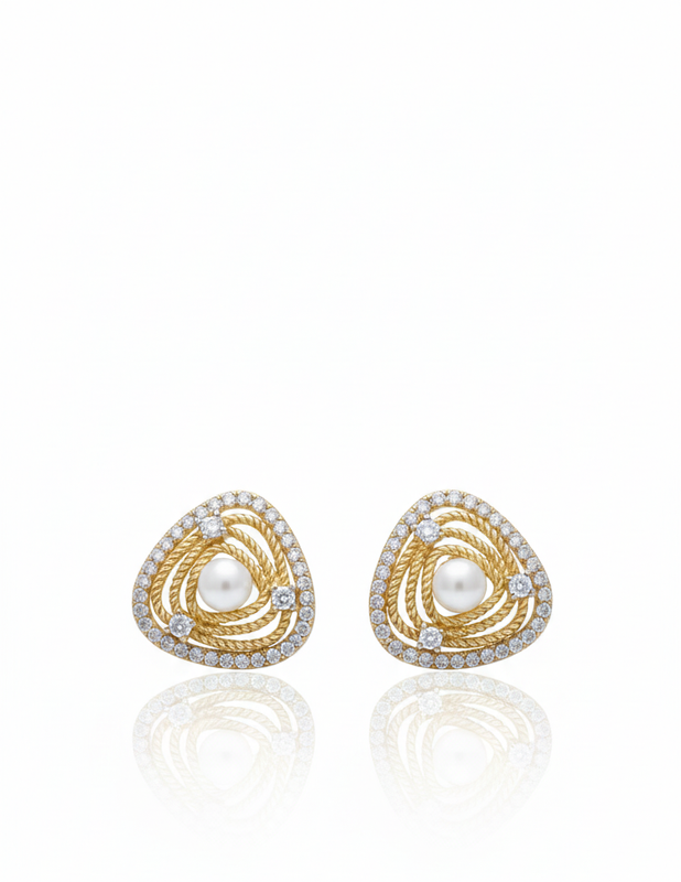 Gold Triangle Pearl Stud Earrings