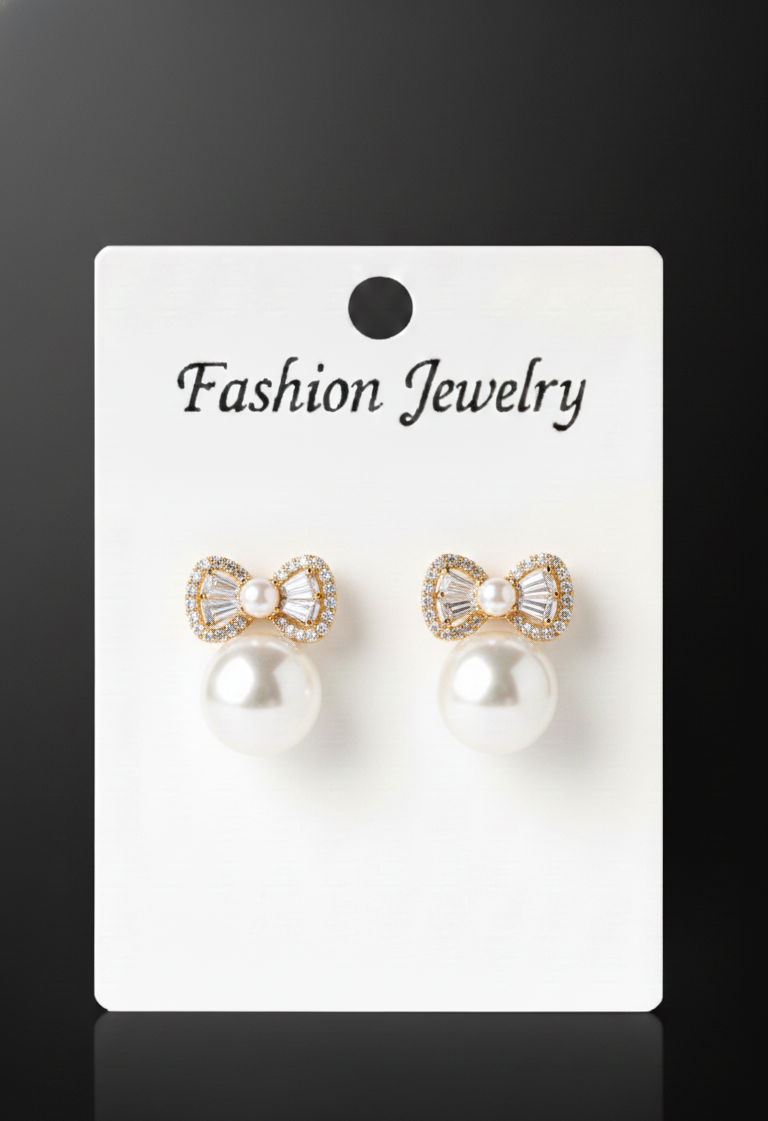 Pearl Drop Earrings with Crystal Bow Design