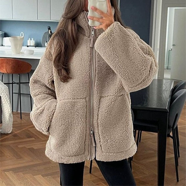 Winter Lapel Zip-up Coat With Pockets Casual Fashion