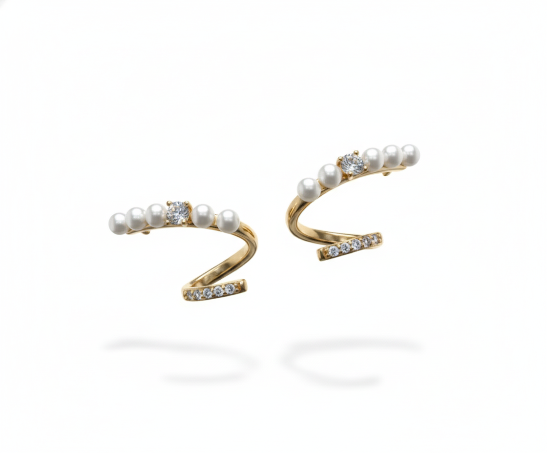 Gold Tone Pearl & Crystal Ear Cuff Earrings
