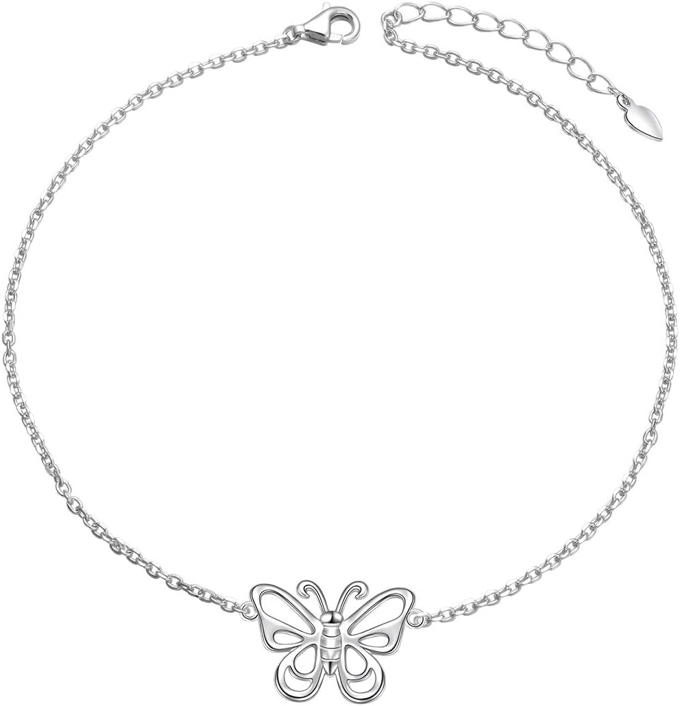 S925 Sterling Silver Evil Eye Hamsa Hand/Butterfly/Cross/Celtic Knot/Infinity/Heart Anklets for Women Girls, Adjustable 9 10 11 Inches Foot Chain Jewelry