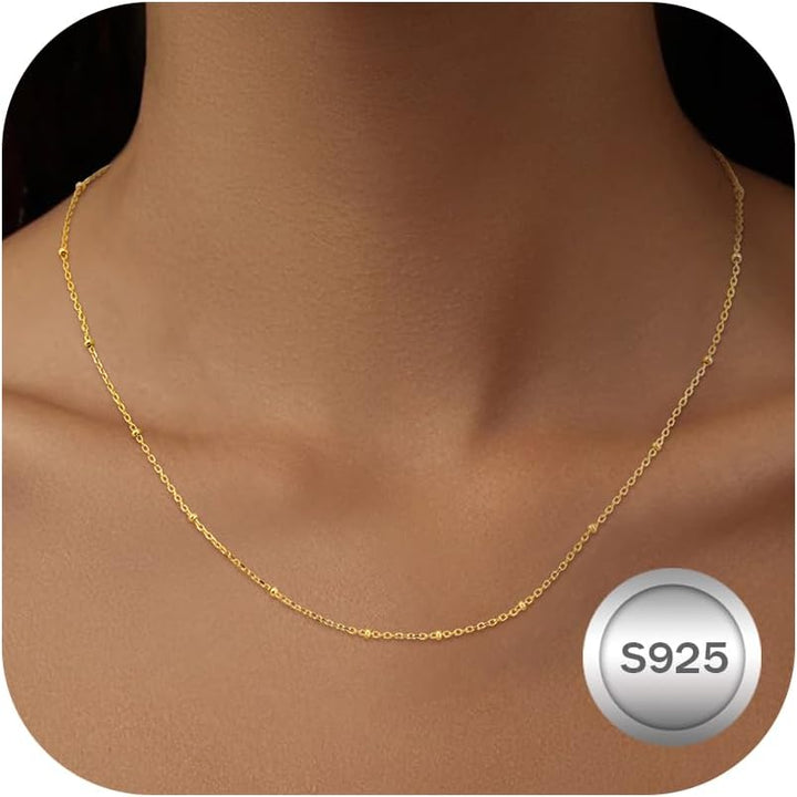 LOLIAS 925 Sterling Silver Necklaces for Women Girls Ladies 14K Gold Silver Necklace Chain Ball Bead Choker Necklace Gold Plated Necklace for Womens Teen Girlfriend Sister Friend Birthday
