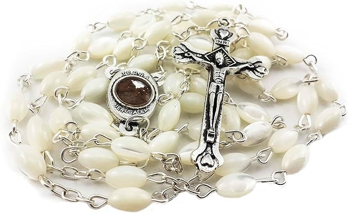 Nazareth Store Mother of Pearl Beads Rosary Natural Shell Beaded Necklace Holy Soil Medal & Cross Crucifix Bethlehem Handcrafted Chaplet