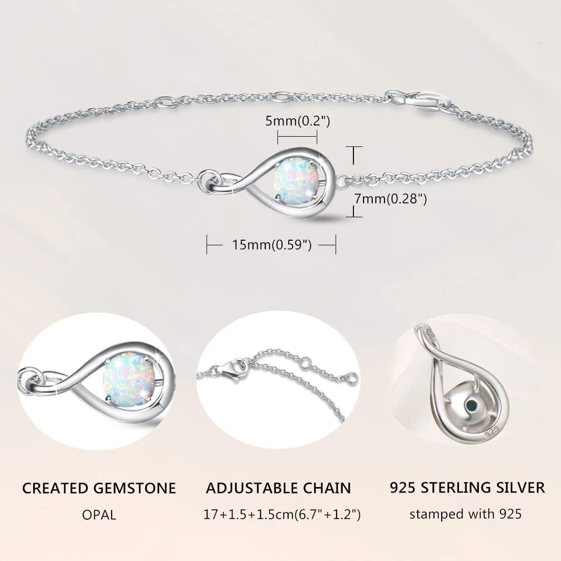 FANCIME Bracelet 925 Sterling Silver White Gold Plated Infinity Birthstone Bracelets for Women Fine Jewellery Birthday Gifts for Her Mom Wife, Chain Length 6.7"+1.2" Extend
