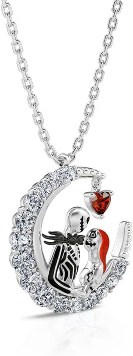 JeuliaJack and Skellington and Sally Necklace 925 Sterling Silver “ The nightmare before Chirstmas” Pendant NecklaceJack and Skellington Halloween Jewelry Romantic Jewelry Gift