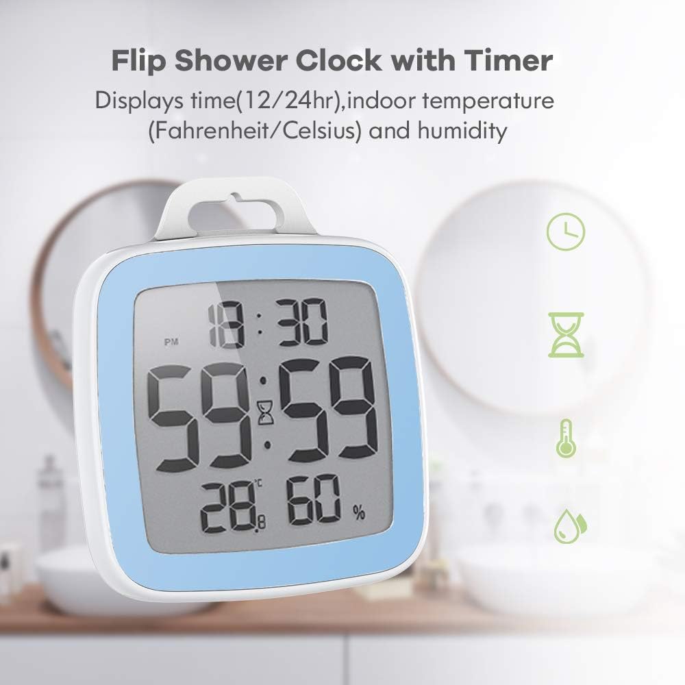 LXSZRPH Shower Clock Digital Kitchen Bathroom Countdown Timer, Waterproof for Water Splashes, Temperature Humidity Display, Standing Wall Clock for Shower Cooking Study Makeup Blue