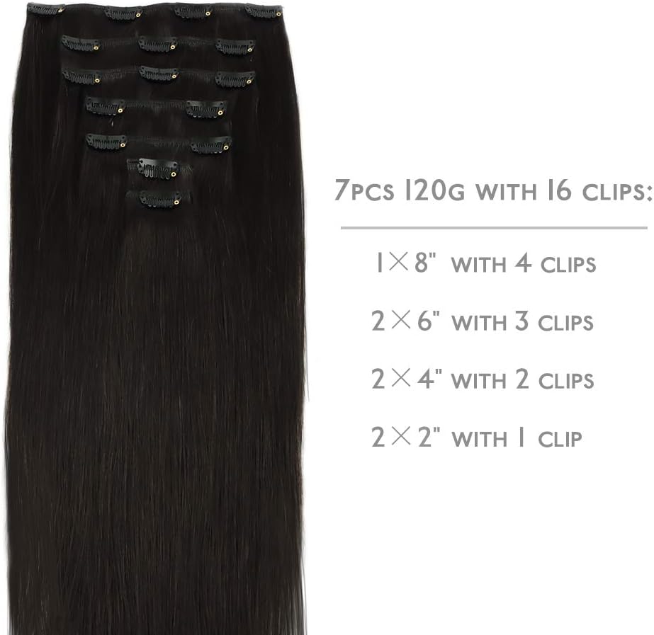 WENNALIFE Hair Extensions Clip In, 18 Inch 120g 7pcs Clip in Hair Extensions Real Human Hair Natural Black Hair Extensions Clip In Real Hair Coloured Remy Human Hair Extensions