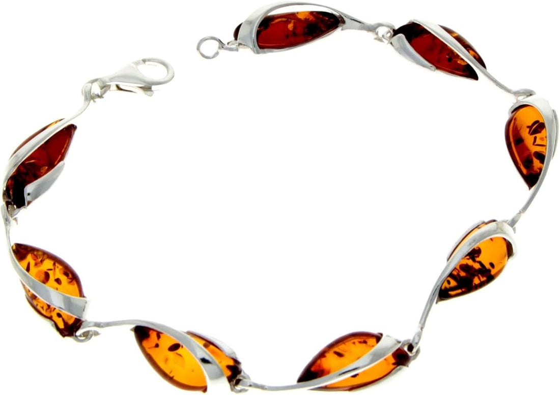 Modern Designer 925 Sterling Silver 19.5 cm Link Bracelet set with Genuine Baltic Amber Gemstones - GL501