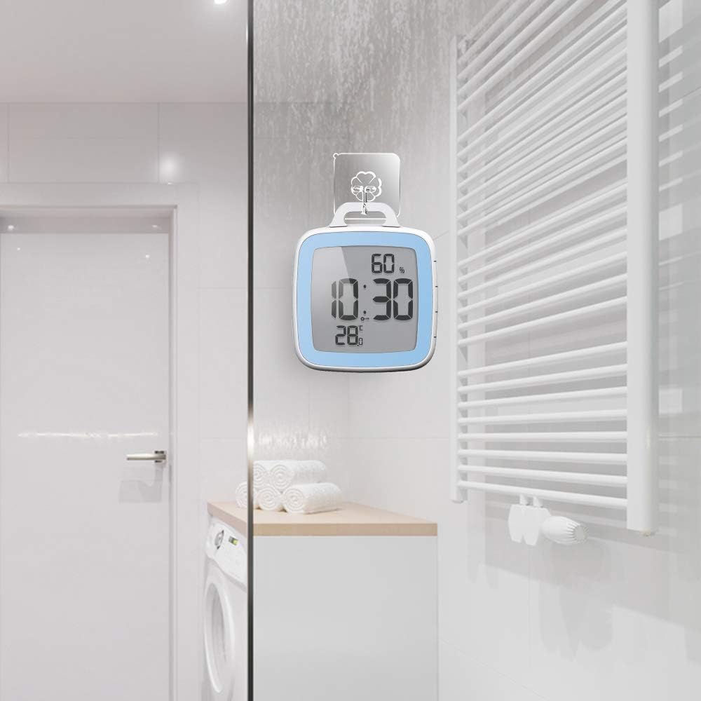 LXSZRPH Shower Clock Digital Kitchen Bathroom Countdown Timer, Waterproof for Water Splashes, Temperature Humidity Display, Standing Wall Clock for Shower Cooking Study Makeup Blue