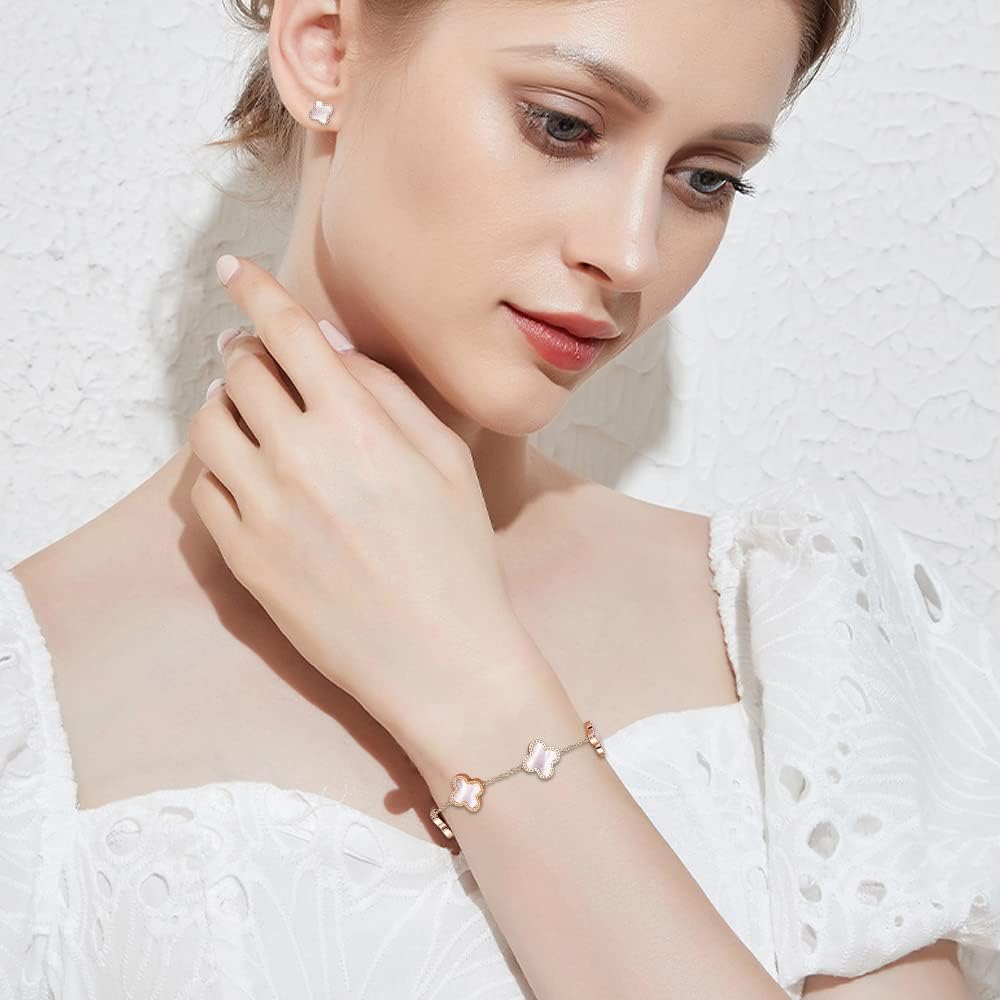 TOFBS Four-Leaf Clover Jewellery Set for Women Girls 18K Rose Gold Plated Stainless Steel Double-sided Green Black Four-Leaf Clover Pendant Necklace Stud Earrings Bracelet Jewellery Set