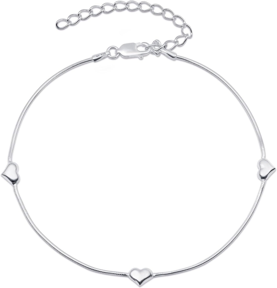 Amberta Italian Sterling Silver Anklet for Women 925 | Adjustable Ankle Bracelets for Women Beaded Heart Summer Jewellery