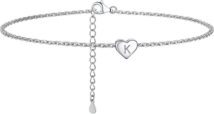 PROSILVER Women Initial Anklet Sterling Silver Heart Ankle Bracelet A-Z Letter, Adjustable Foot Chain for Beach Summer with Gift Box
