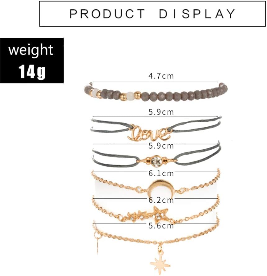 Star and Moon Personalized Pendant, Set of 6 Grey Bead Bracelets