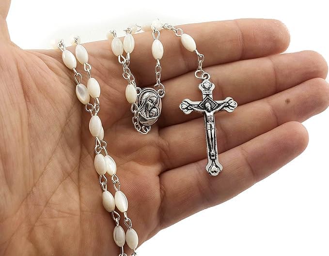 Nazareth Store Mother of Pearl Beads Rosary Natural Shell Beaded Necklace Holy Soil Medal & Cross Crucifix Bethlehem Handcrafted Chaplet
