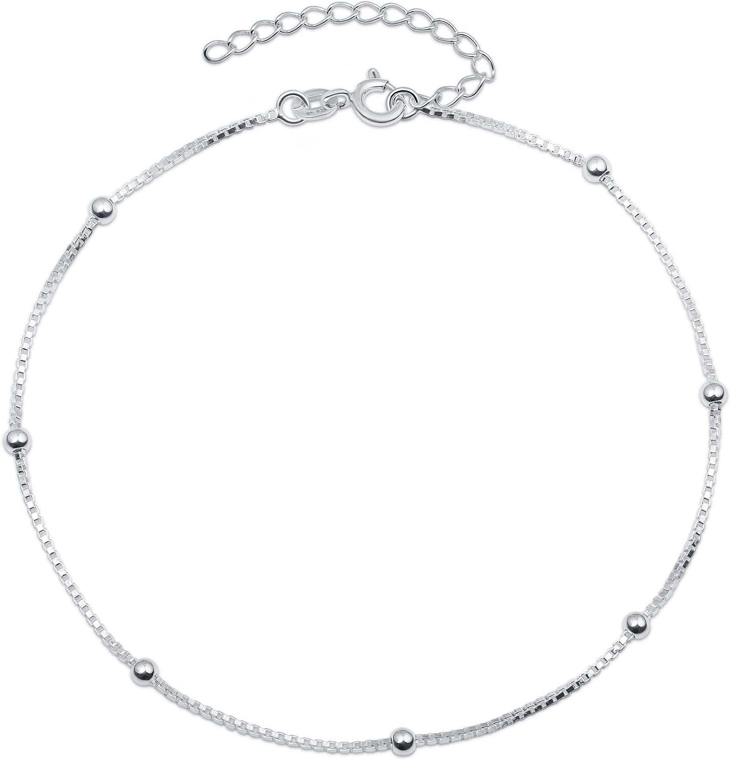 Amberta Italian Sterling Silver Anklet for Women 925 | Adjustable Ankle Bracelets for Women Beaded Heart Summer Jewellery