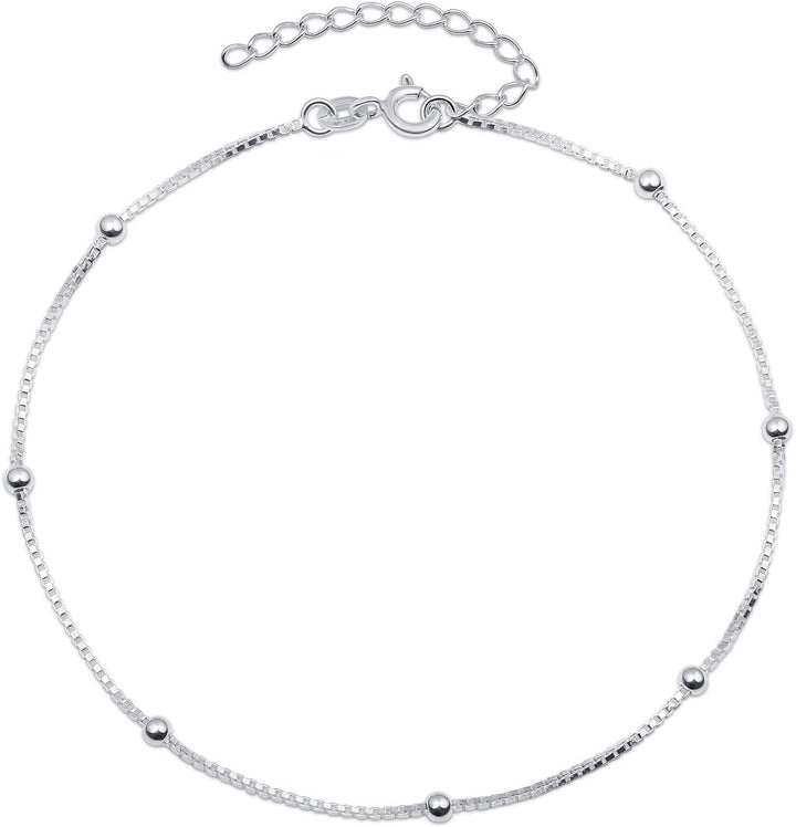 Amberta Italian Sterling Silver Anklet for Women 925 | Adjustable Ankle Bracelets for Women Beaded Heart Summer Jewellery