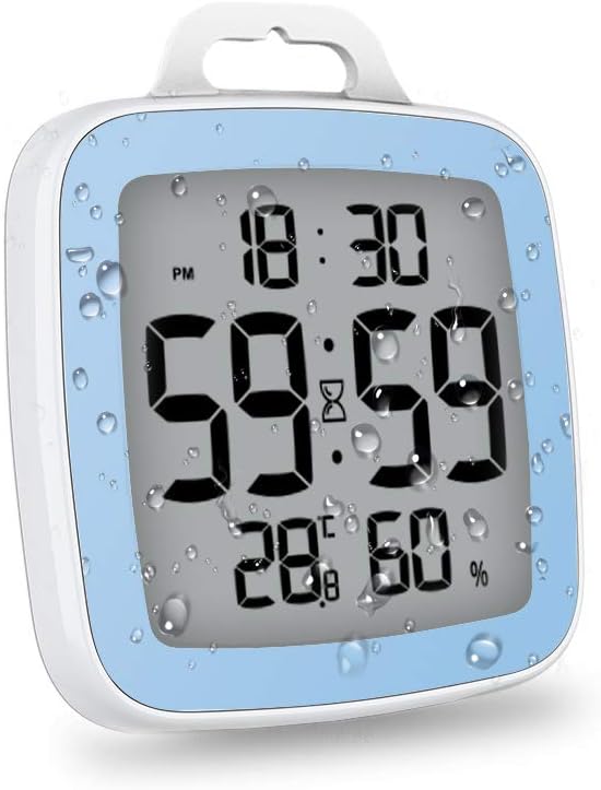 LXSZRPH Shower Clock Digital Kitchen Bathroom Countdown Timer, Waterproof for Water Splashes, Temperature Humidity Display, Standing Wall Clock for Shower Cooking Study Makeup Blue