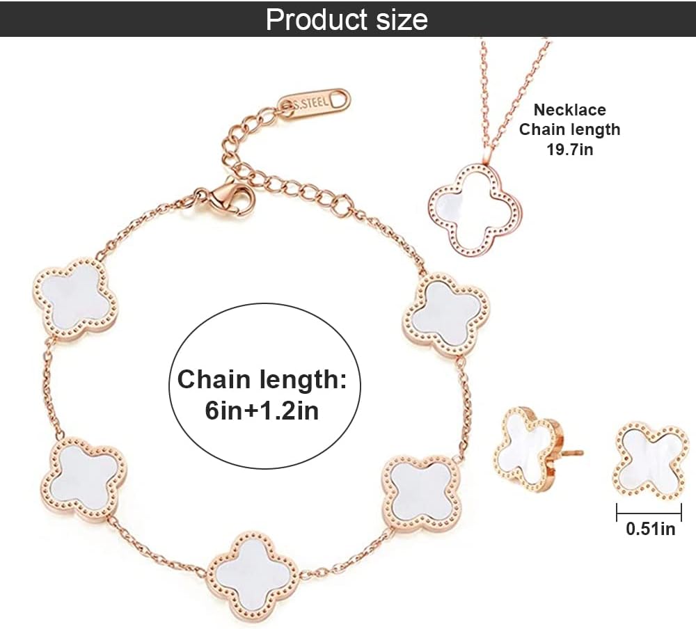 TOFBS Four-Leaf Clover Jewellery Set for Women Girls 18K Rose Gold Plated Stainless Steel Double-sided Green Black Four-Leaf Clover Pendant Necklace Stud Earrings Bracelet Jewellery Set